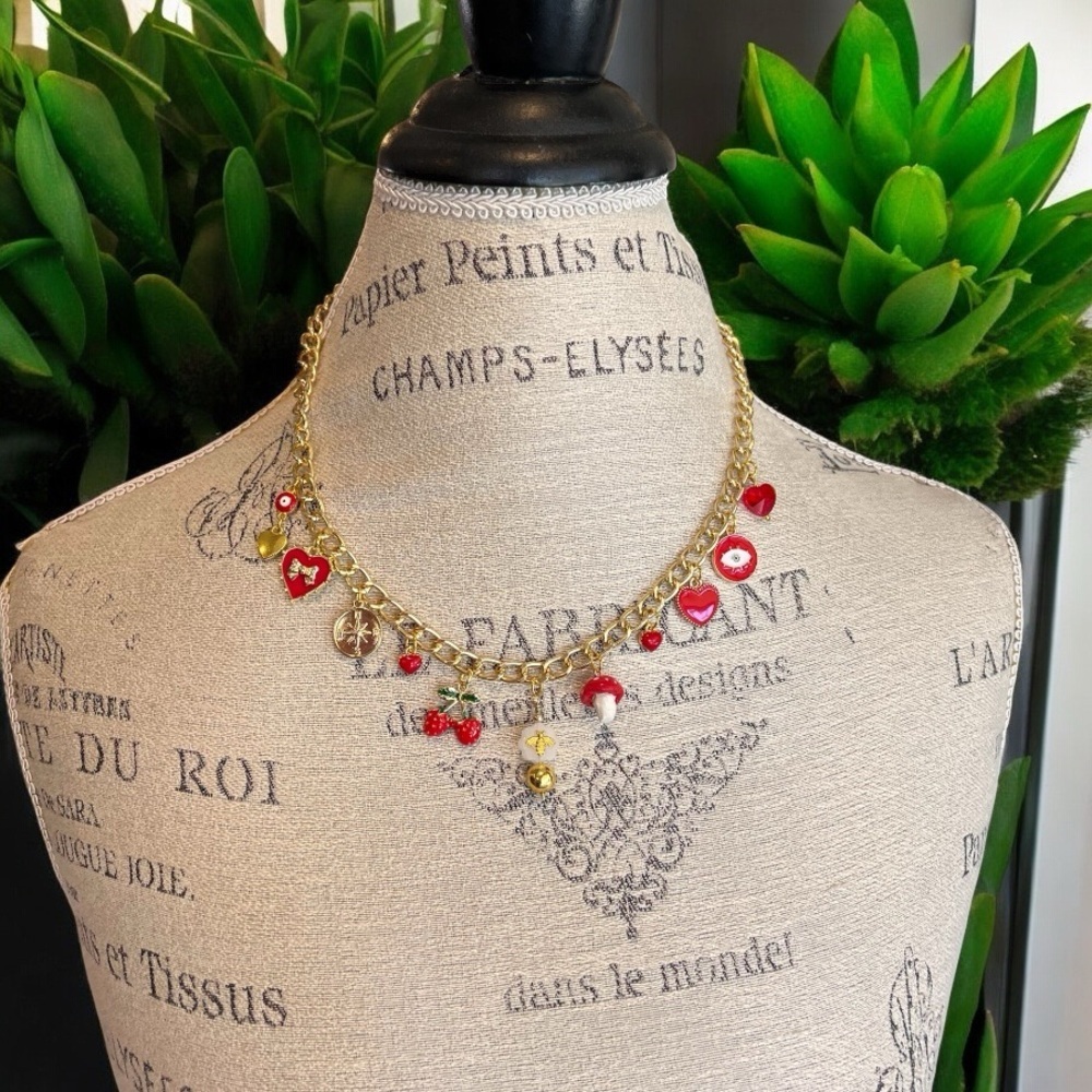 Gold Toned and Red Charm Necklace Enamel Glass Ceramic Crystal 20” - Picture 7 of 17